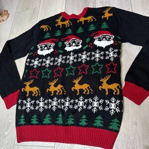Men's ugly Christmas sweater black long‎ sleeve crewneck knit Santa size medium